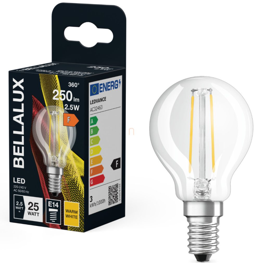 Bellalux E14 LED glob mic, 2,5 W, 250 lm, 2700 K, alb cald, sticlă transparentă - înlocuiește becul de 25 W - filament Classic P
