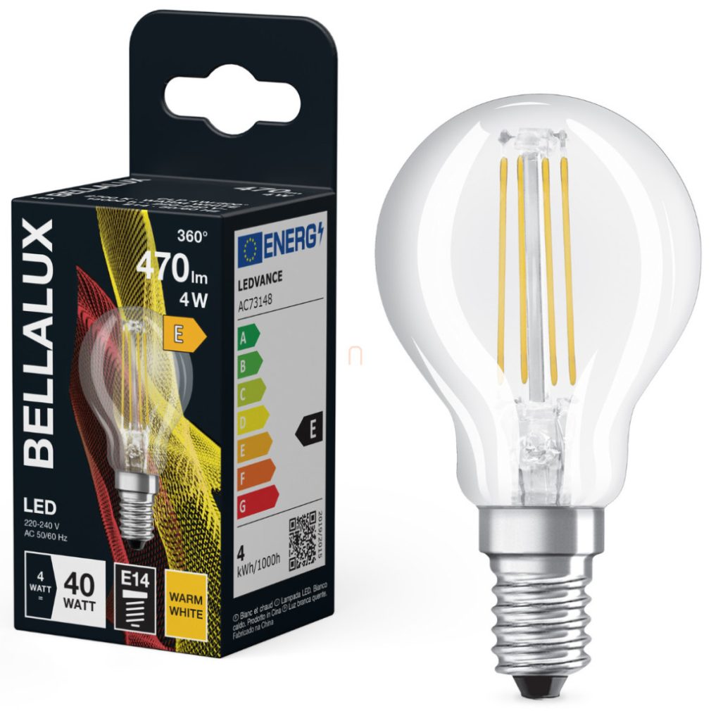 Bellalux E14 LED globule, 4W, 470 lm, 2700 K, alb cald, sticlă transparentă - înlocuiește becul de 40 W - filament Classic P