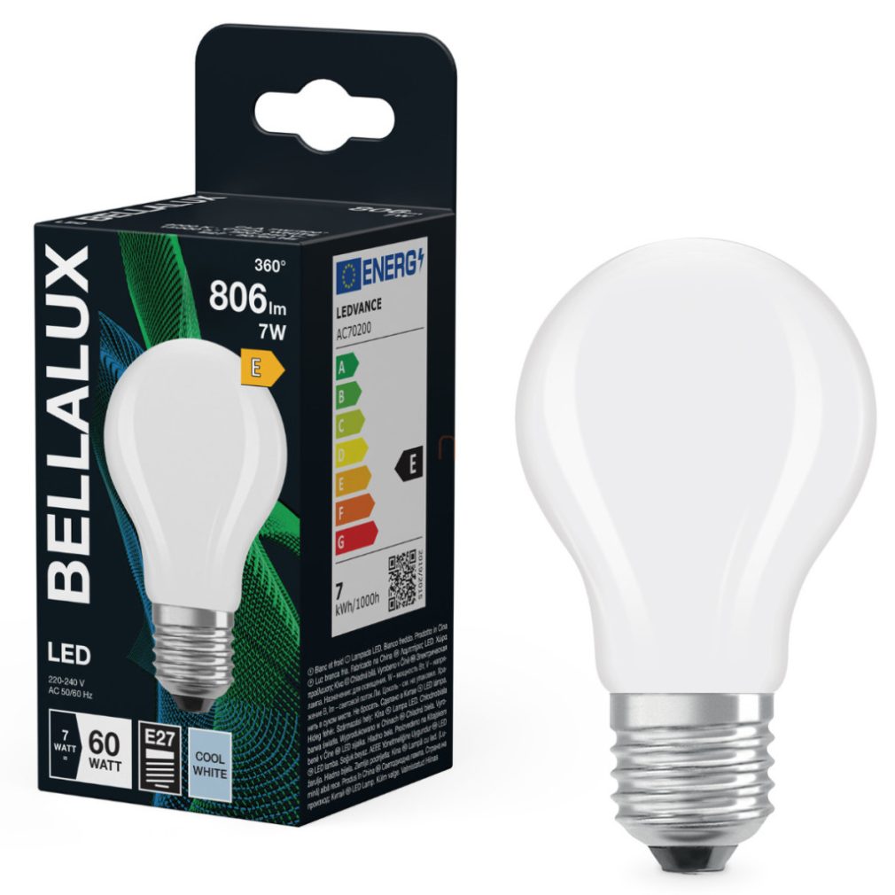 Bellalux E27 LED, 7W, 806 lm, 4000 K, alb rece, sticlă opală - înlocuiește becul normal de 60 W - Classic A