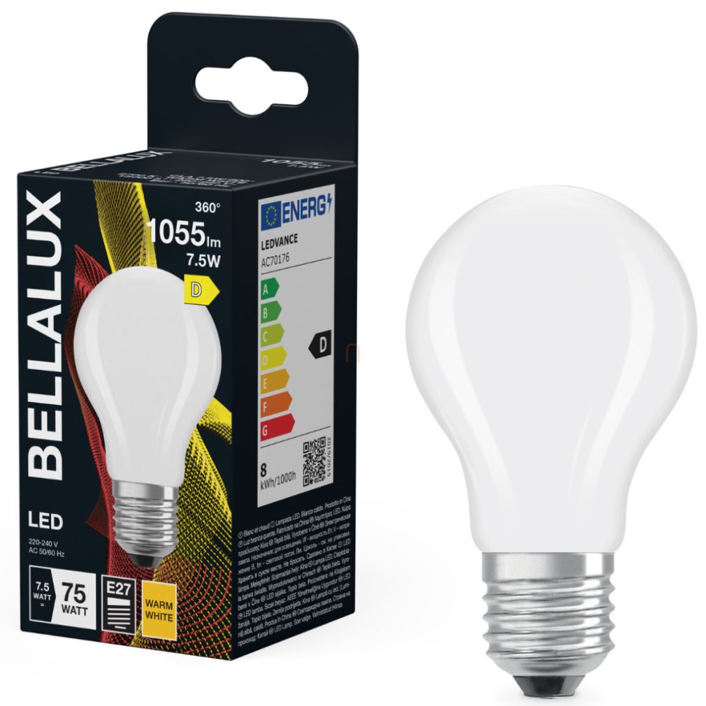 Bellalux E27 LED, 7,5W, 1055 lm, 2700 K, alb cald, sticlă opală - înlocuiește becul normal de 75 W - Classic A