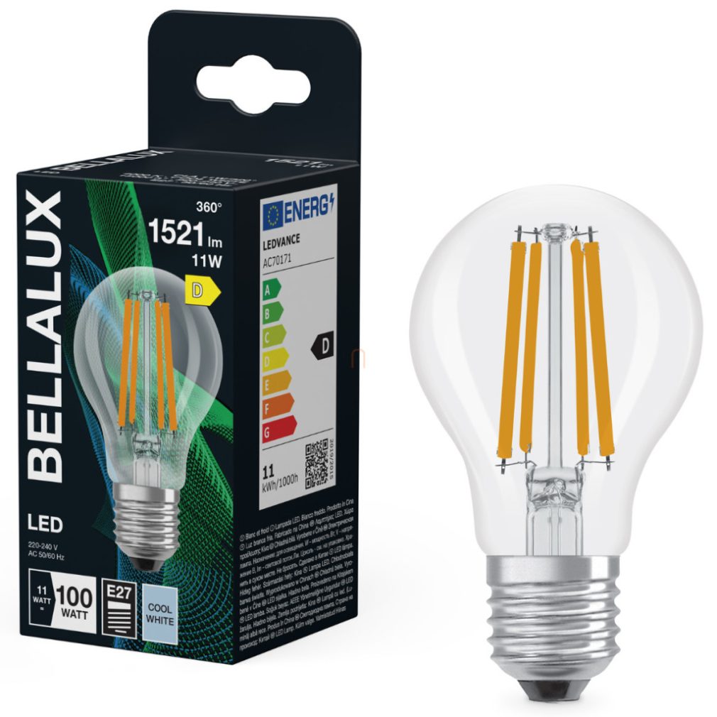 Bellalux E27 LED, 11W, 1521 lm, 4000 K, alb rece, sticlă transparentă - înlocuiește becul normal de 100 W - Classic A 100 filament