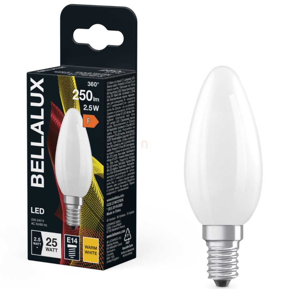 Bellalux E14 LED lumânare, 2,5W, 250 lm, 2700 K, alb cald, sticlă opală - înlocuiește becul de 25 W - Classic B