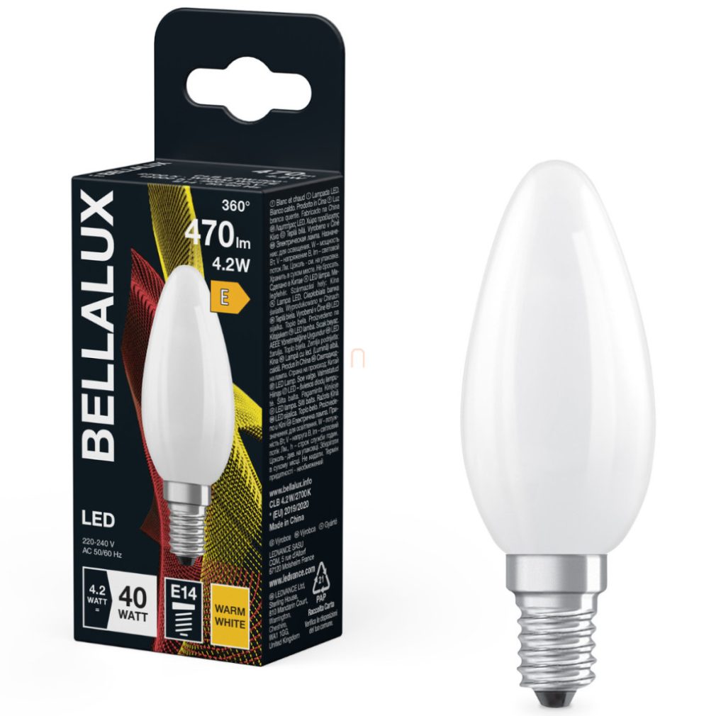 Bellalux E14 LED lumânare, 4,2W, 470 lm, 2700 K, alb cald, sticlă opală - înlocuiește becul de 40 W - Classic B