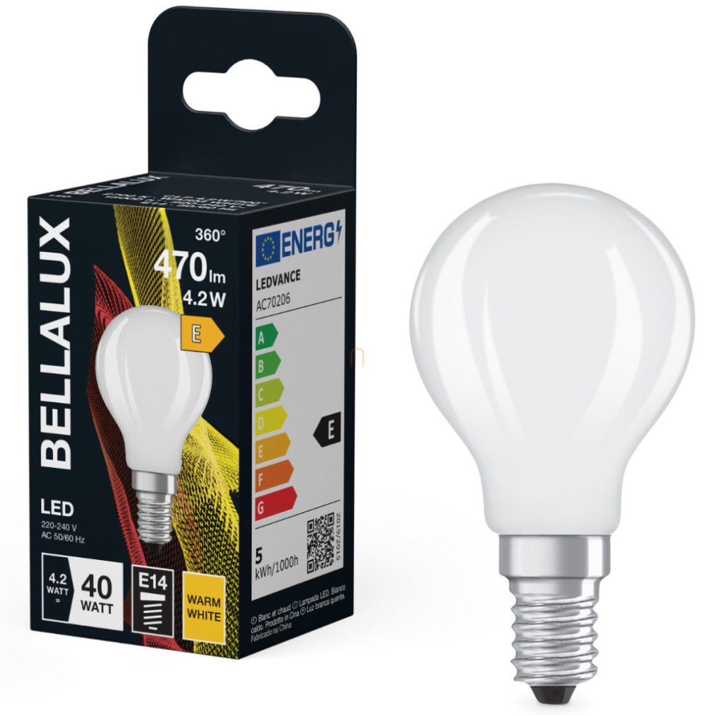 Bellalux E14 LED glob mic, 4,2 W, 470 lm, 2700 K, alb cald, sticlă opală - înlocuiește becul de 40 W - Classic P