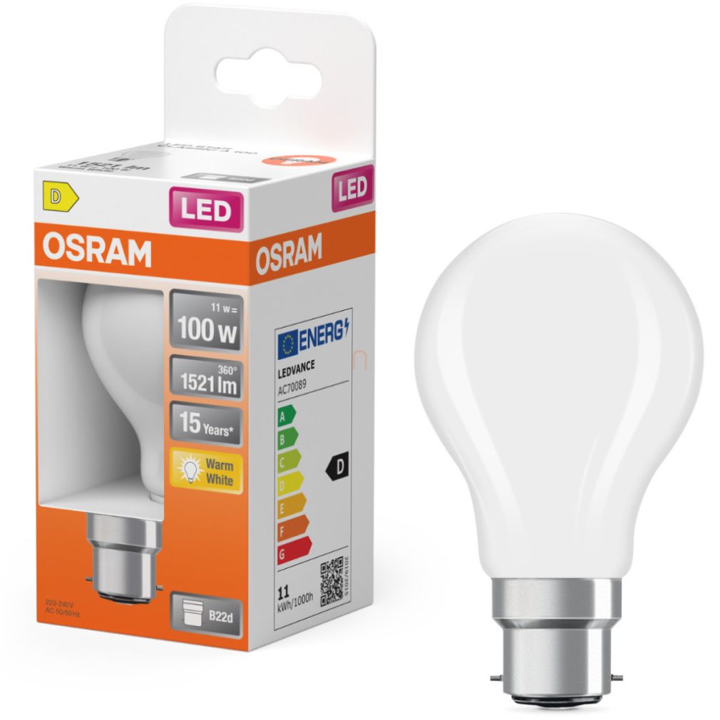 Osram B22d LED 11W, 1521 lm, 2700 K, alb cald, sticlă opală - înlocuiește becul incandescent de 100 W - Star Classic A