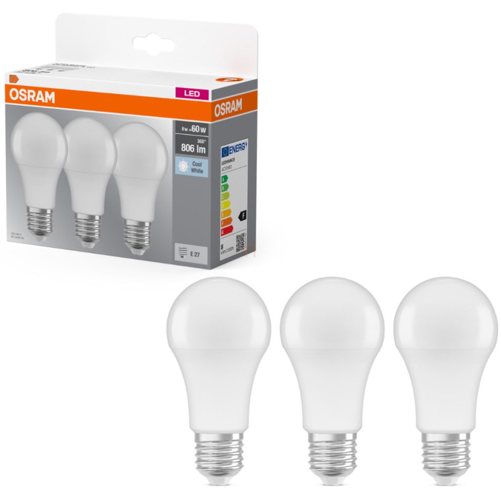 Osram E27 LED 8W, 806 lm, 4000 K, alb rece, plastic opal - înlocuiește becul normal de 60 W, 3 bucăți - Base Classic A