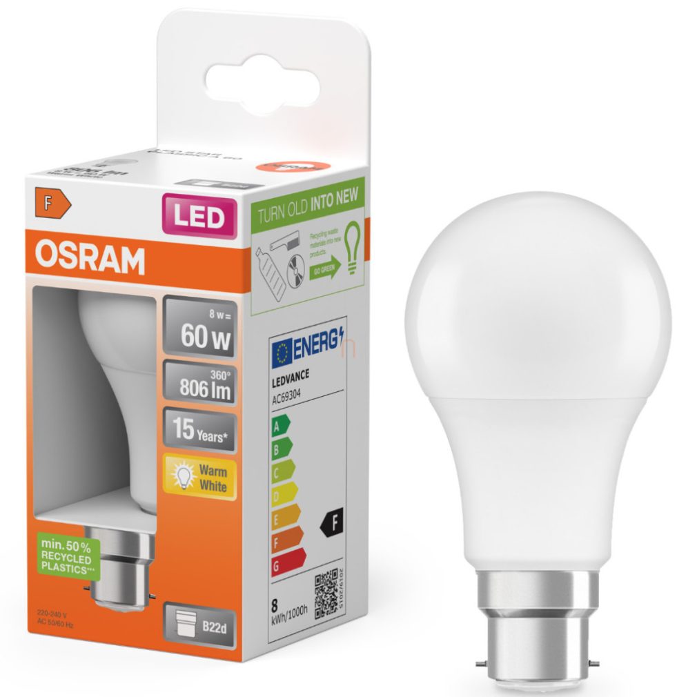 Osram B22d LED 8W, 806 lm, 2700 K, alb cald, plastic opal - înlocuiește becul de 60 W - Star Classic A