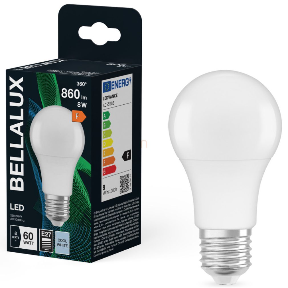 Bellalux E27 LED, 8W, 806 lm, 4000 K, alb rece, plastic opal - înlocuiește becul normal de 60 W - Classic A