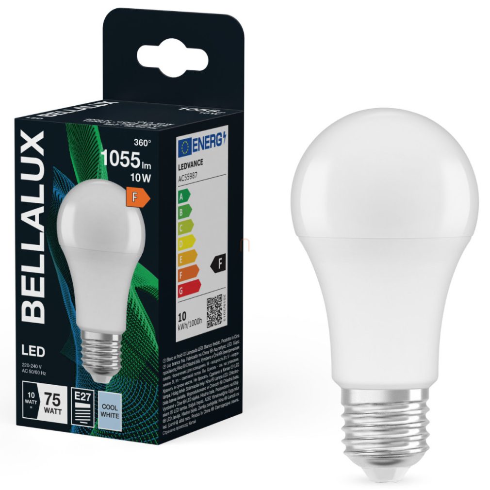 Bellalux E27 LED, 10W, 1055 lm, 4000 K, alb rece, plastic opal - înlocuiește becul normal de 75 W - Classic A