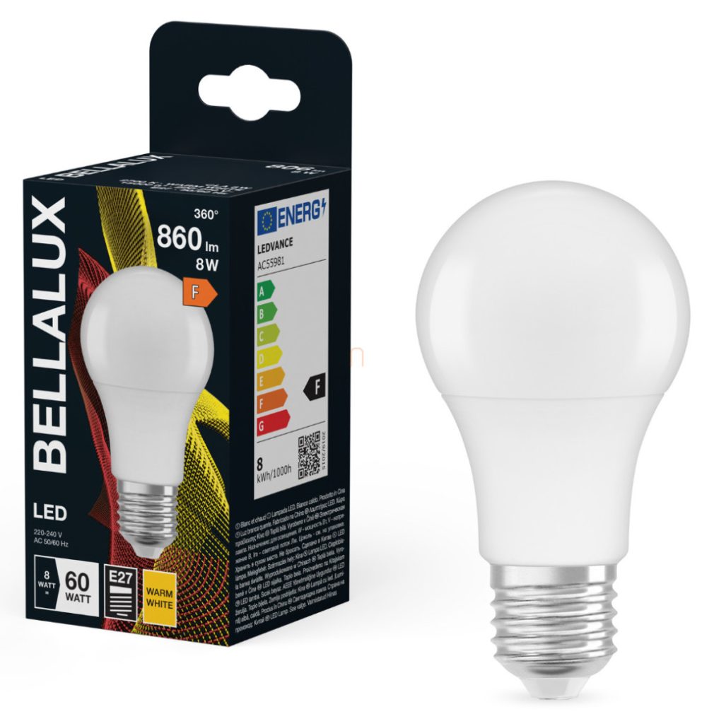 Bellalux E27 LED, 8W, 806 lm, 2700 K, alb cald, plastic opal - înlocuiește becul normal de 60 W - Classic A