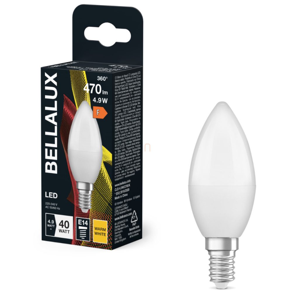Bellalux E14 LED lumânare, 4,9W, 470 lm, 2700 K, alb cald, plastic opal - înlocuiește becul de 40 W - Classic B