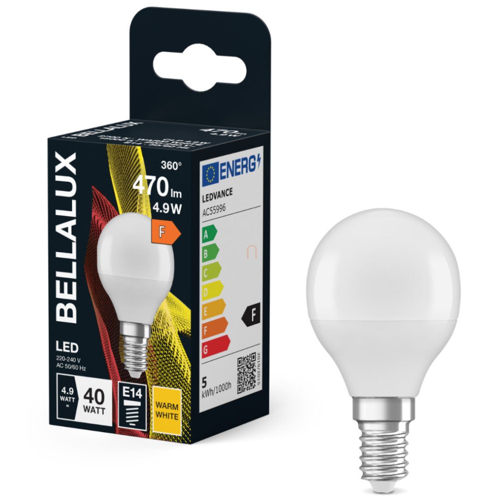 Bellalux E14 LED glob mic, 4,9 W, 470 lm, 2700 K, alb cald, plastic opal - înlocuiește becul de 40 W - Classic P