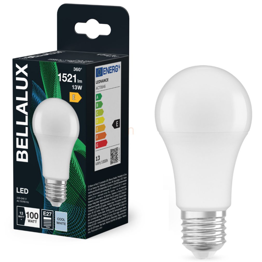 Bellalux E27 LED, 13W, 1521 lm, 4000 K, alb rece, plastic opal - înlocuiește becul normal de 100 W - Classic A