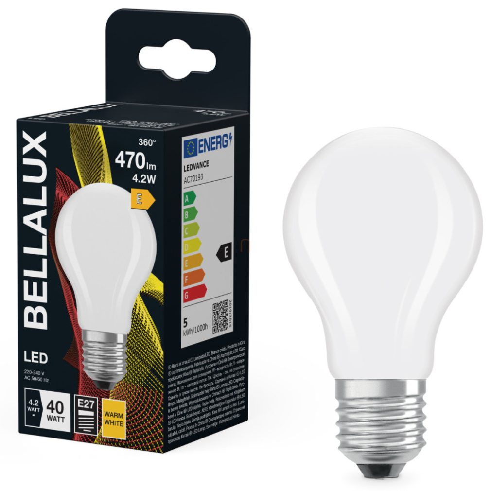 Bellalux E27 LED, 4,2 W, 470 lm, 2700 K, alb cald, sticlă opală - înlocuiește becul normal de 40 W - Classic A