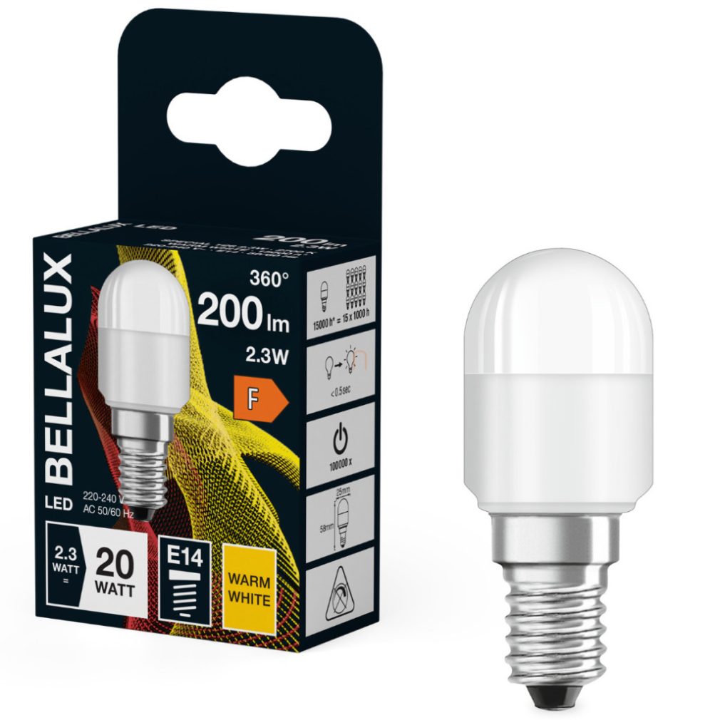 Bellalux E14 LED, 2,3 W, 200 lm, 2700 K, alb cald, plastic opal - înlocuiește becul de 20 W - Special T26