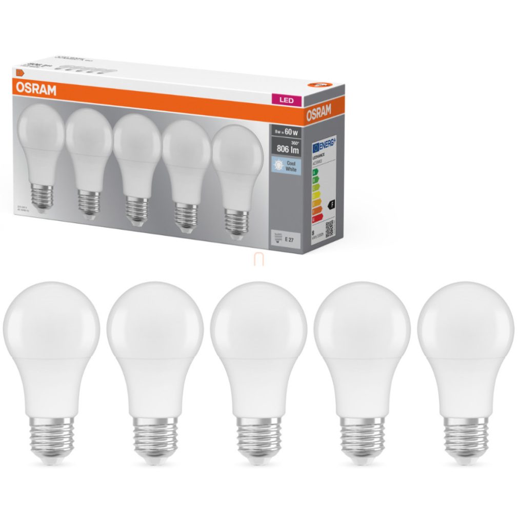 Osram E27 LED 8W, 806 lm, 4000 K, alb rece, plastic opal - înlocuiește becul normal de 60 W, 5 bucăți - Base Classic A
