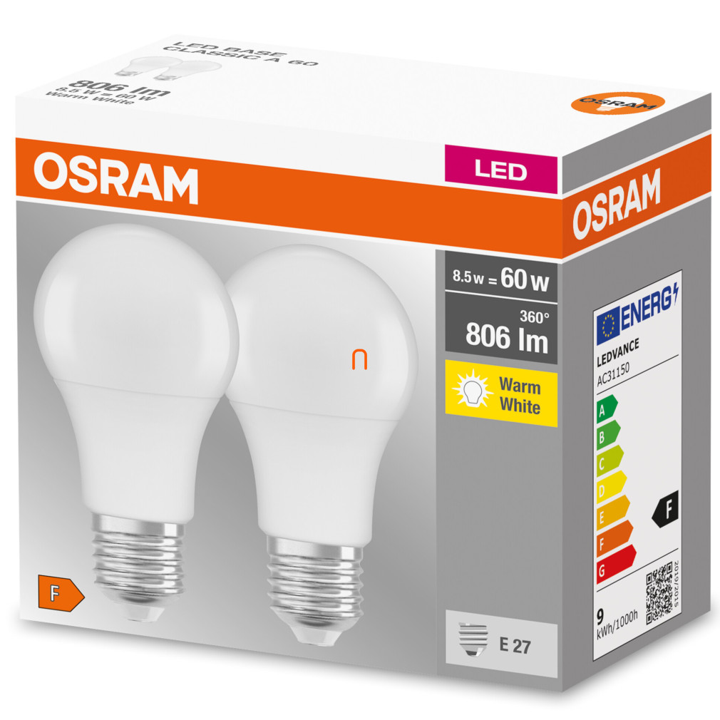 Osram E27 LED Value Classic 8.5W, 806 lm, 2700 K, înlocuiește becul de 60 W (2 bucăți)