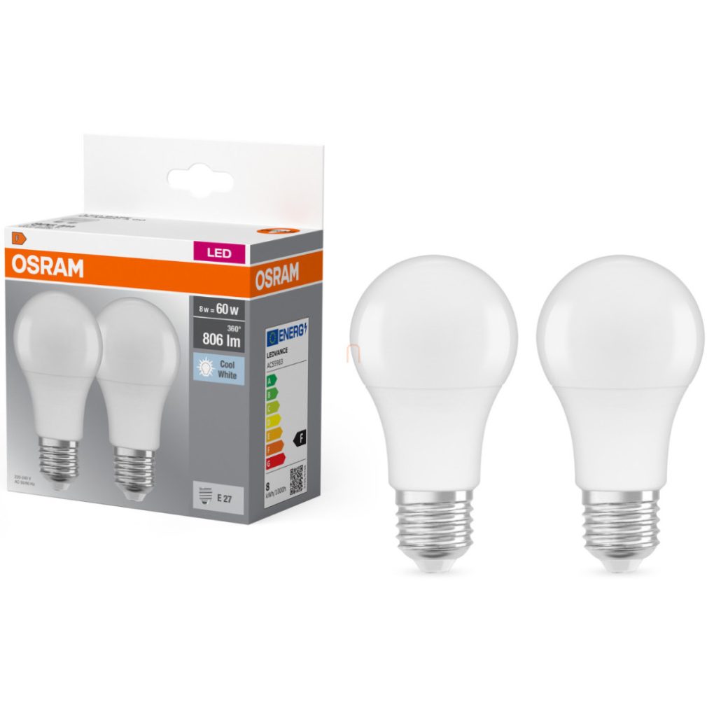 Osram E27 LED 8W, 806 lm, 4000 K, alb rece, plastic opal - înlocuiește becul normal de 60 W, 2 bucăți - Base Classic A