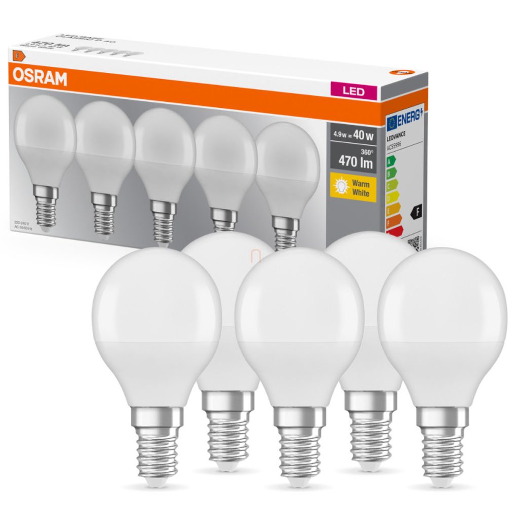 Osram E14 LED globule, 4,9 W, 470 lm, 2700 K, alb cald, plastic opal - înlocuiește becul de 40 W, 5 bucăți - Base Classic P