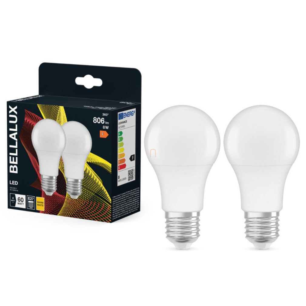 Bellalux E27 LED, 8W, 806 lm, 2700 K, alb cald, plastic opal - înlocuiește becurile normale de 60 W, 2 bucăți - Classic A