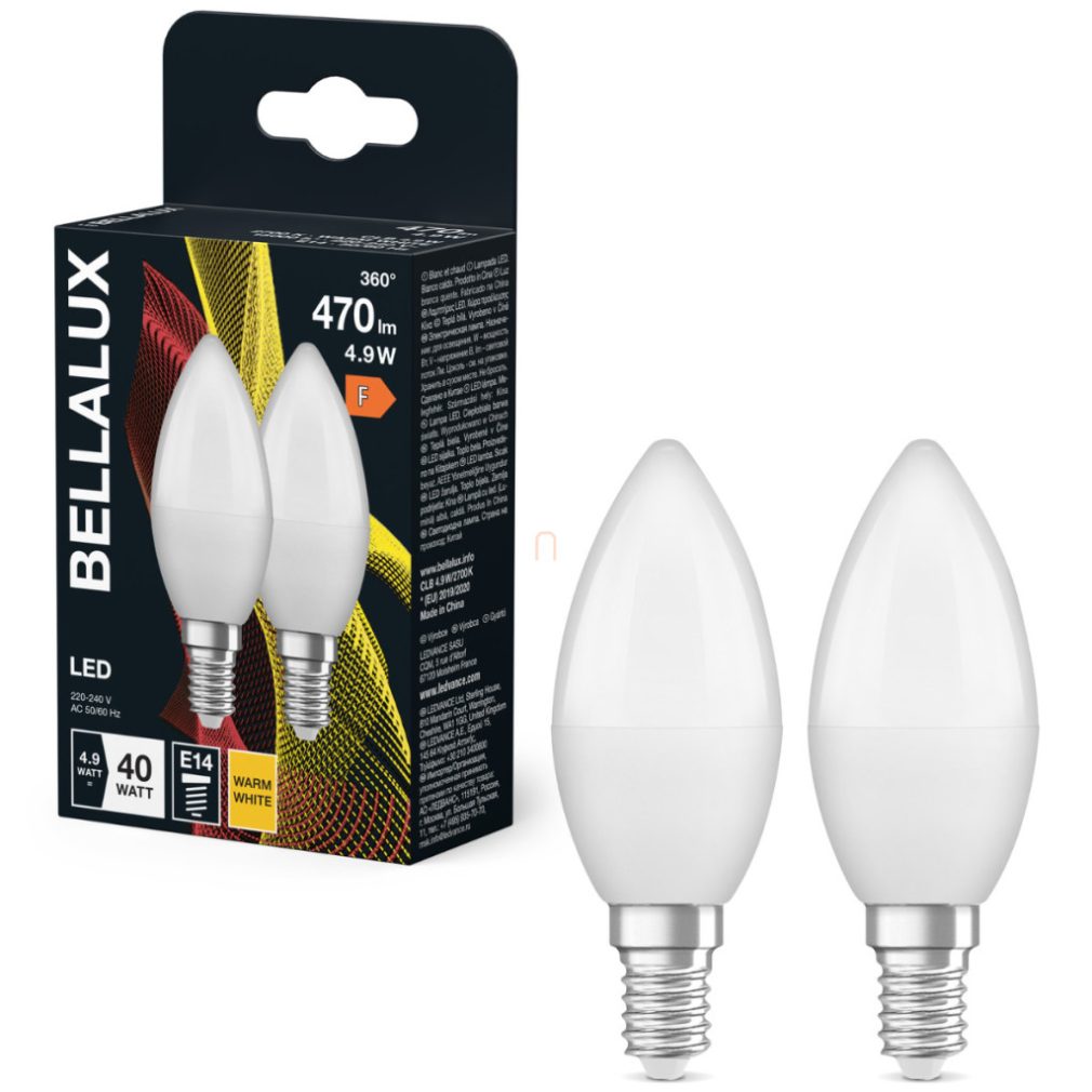 Bellalux E14 LED lumânare, 4,9W, 470 lm, 2700 K, alb cald, plastic opal - înlocuiește becul de 40 W, 2 bucăți - Classic B