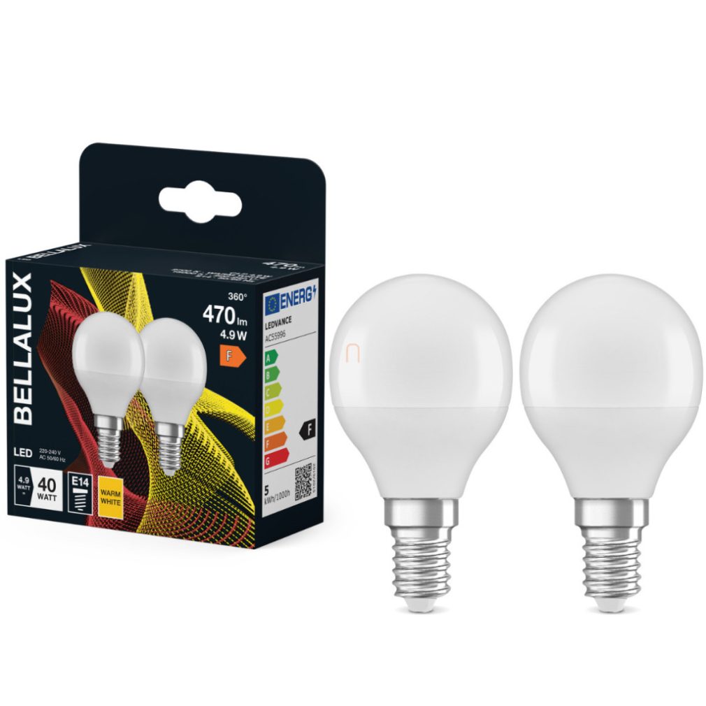 Bellalux E14 LED globule, 4,9 W, 470 lm, 2700 K, alb cald, plastic opal - înlocuiește becul de 40 W, 2 bucăți - Classic P