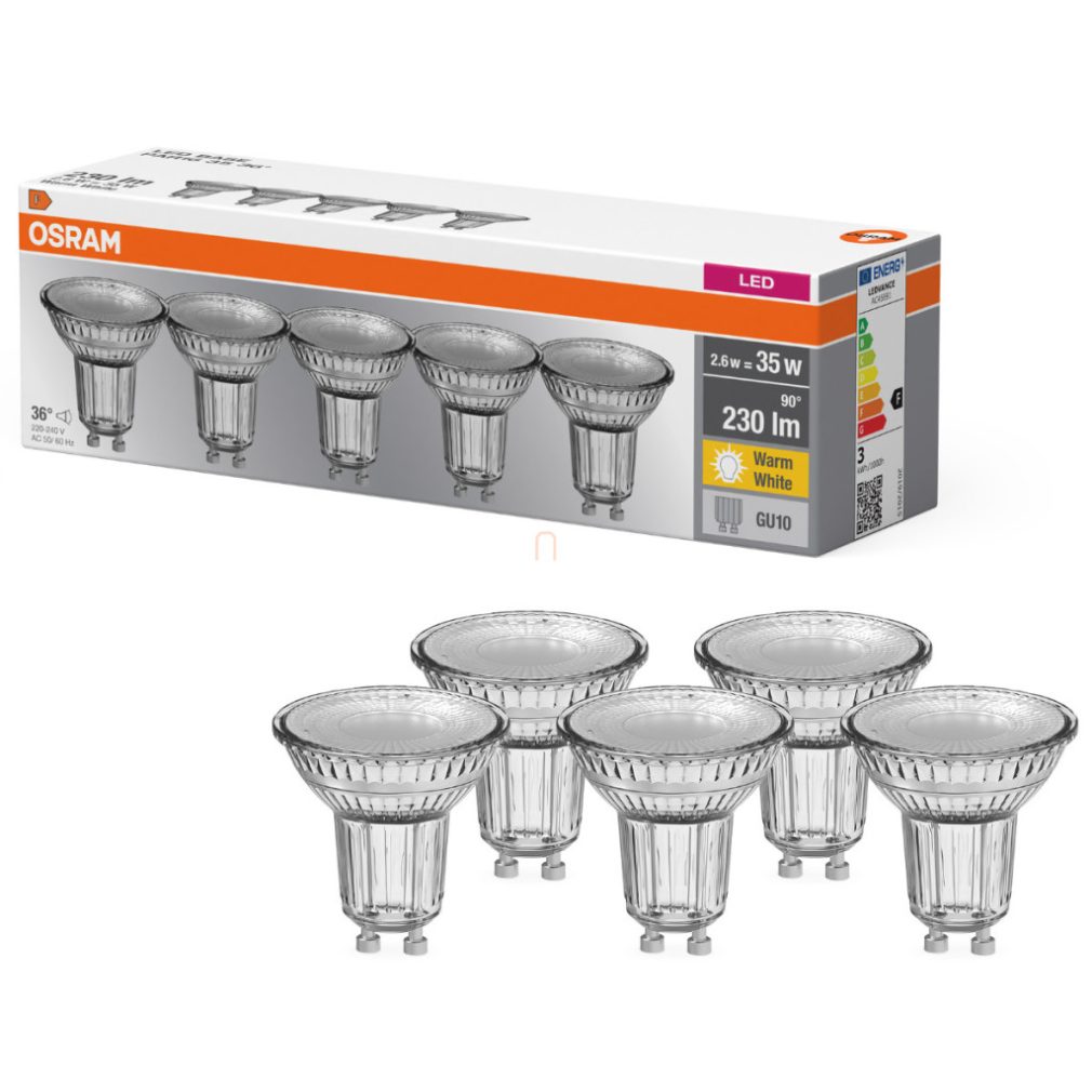 Osram GU10 LED 2,6W, 230 lm, 2700 K, alb cald, sticlă transparentă - înlocuiește becul de 35 W, 5 bucăți - Base Spot PAR16