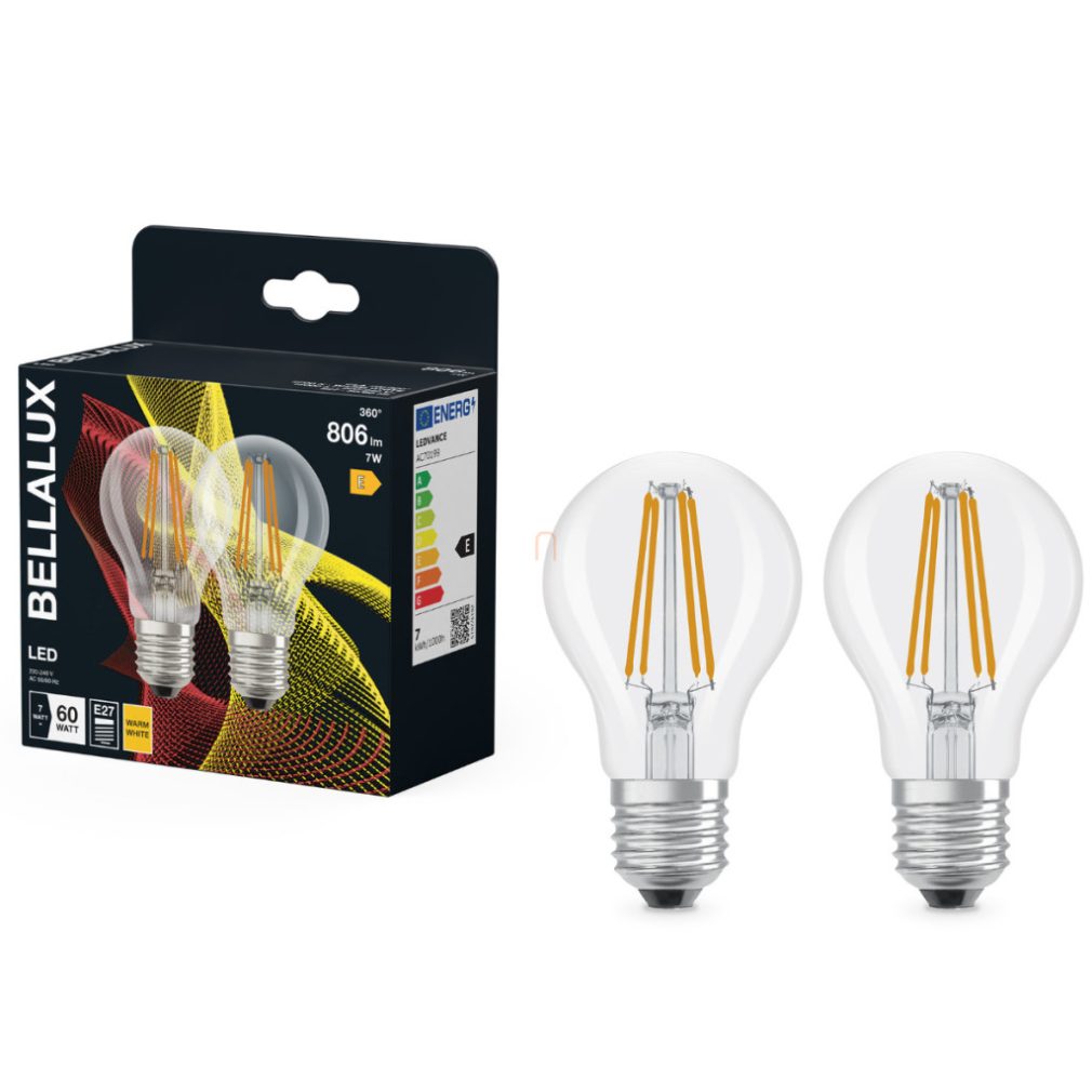 Bellalux E27 LED, 7W, 806 lm, 2700 K, alb cald, sticlă transparentă - înlocuiește becul normal de 60 W, 2 bucăți - Classic A 60 filament
