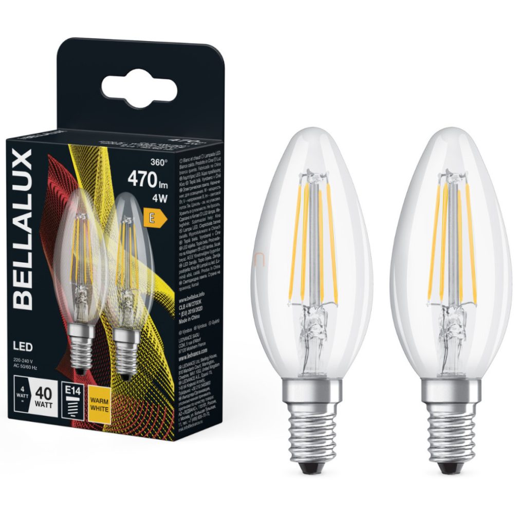 Bellalux E14 LED lumânare, 4W, 470 lm, 2700 K, alb cald, sticlă transparentă - înlocuiește becul de 40 W, 2 bucăți - Classic B filament