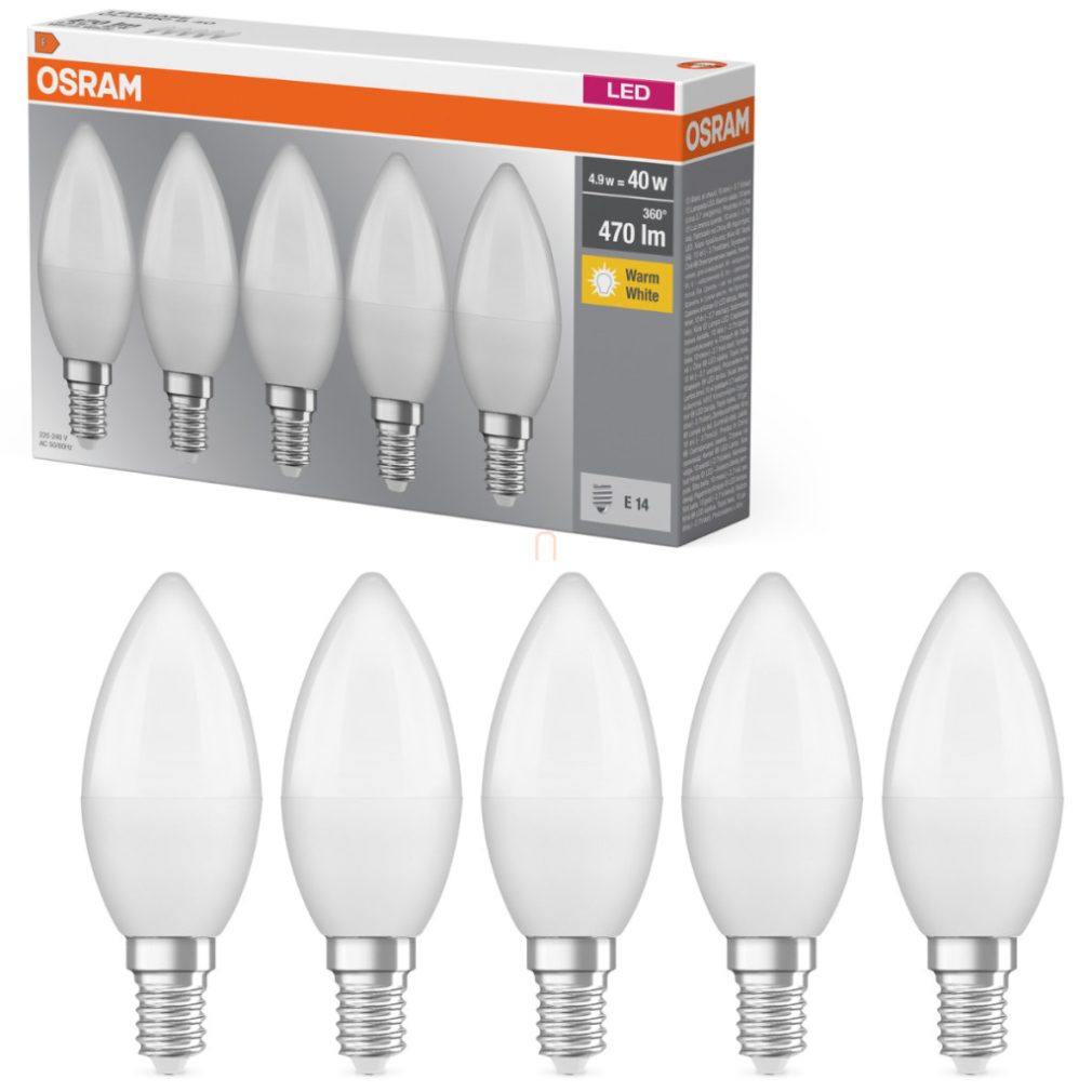 Osram E14 LED bec, 4,9 W, 470 lm, 2700 K, alb cald, plastic opal - înlocuiește becul de 40 W, 5 bucăți - Base Classic B