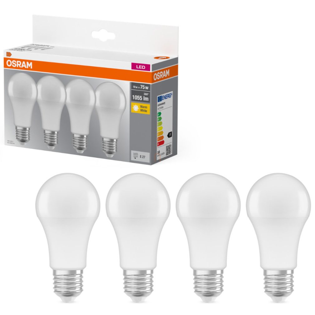 Osram E27 LED 10W, 1055 lm, 2700 K, alb cald, plastic opal - înlocuiește becul normal de 75 W, 4 bucăți - Base Classic A