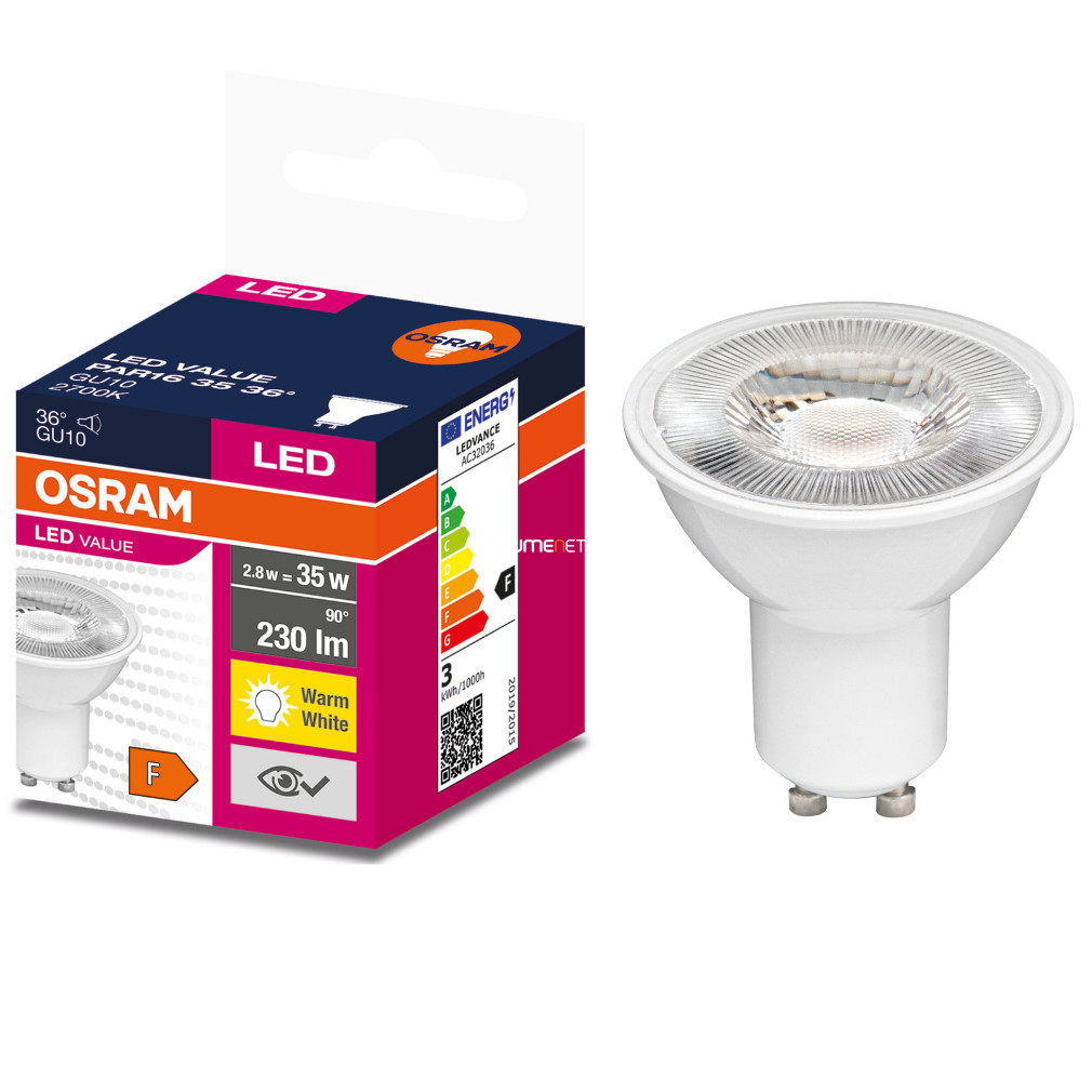 Osram GU10 LED Value 2.8W 230lm 2700K alb cald 36° - înlocuire bec 35W