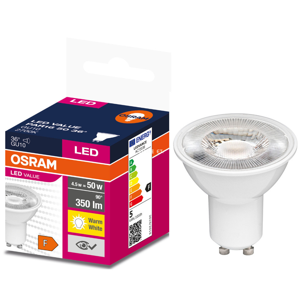 Osram GU10 LED Value 4,5W 350lm 2700K alb cald 36° - înlocuiește becul de 50W