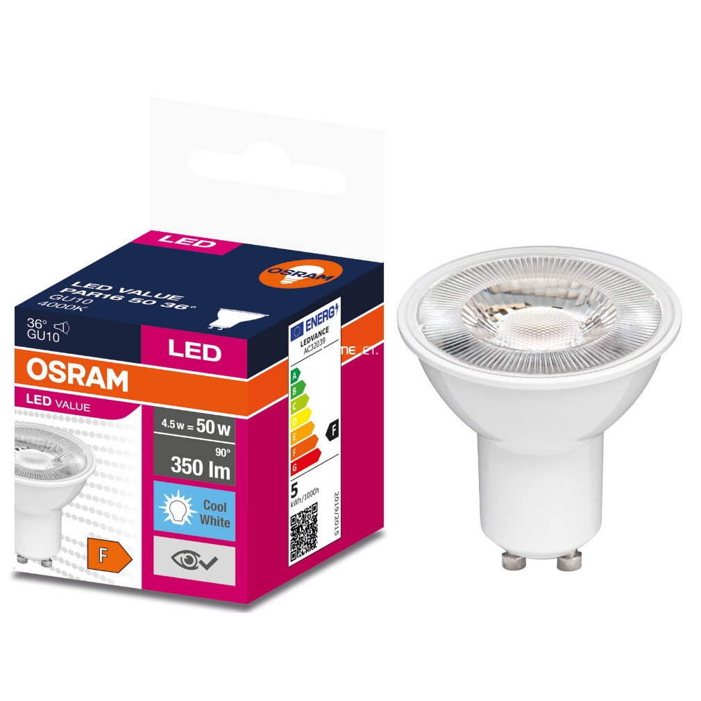 Osram GU10 LED Value 4,5W 350lm 4000K alb rece 36° - înlocuiește becul de 50W