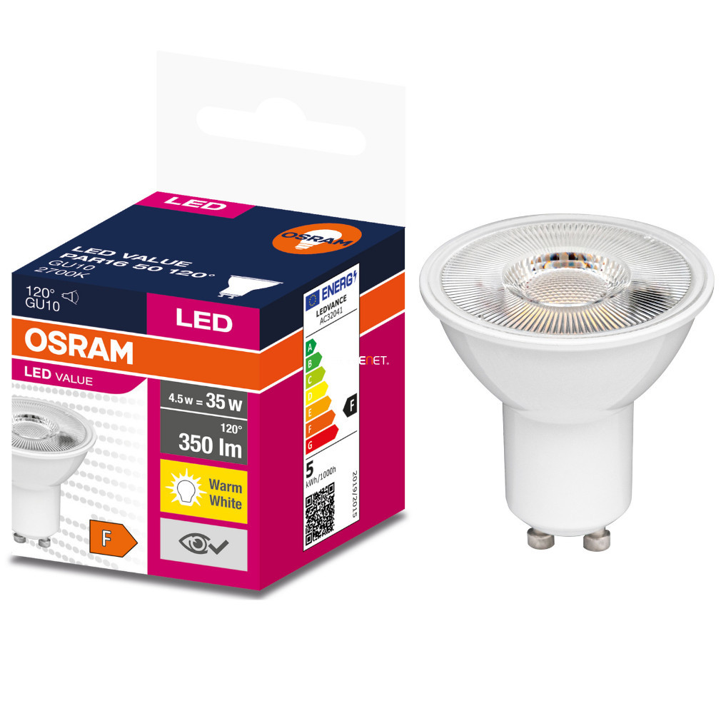 Osram GU10 LED Value 4,5W 350lm 2700K alb cald 120° - înlocuiește becul de 35W
