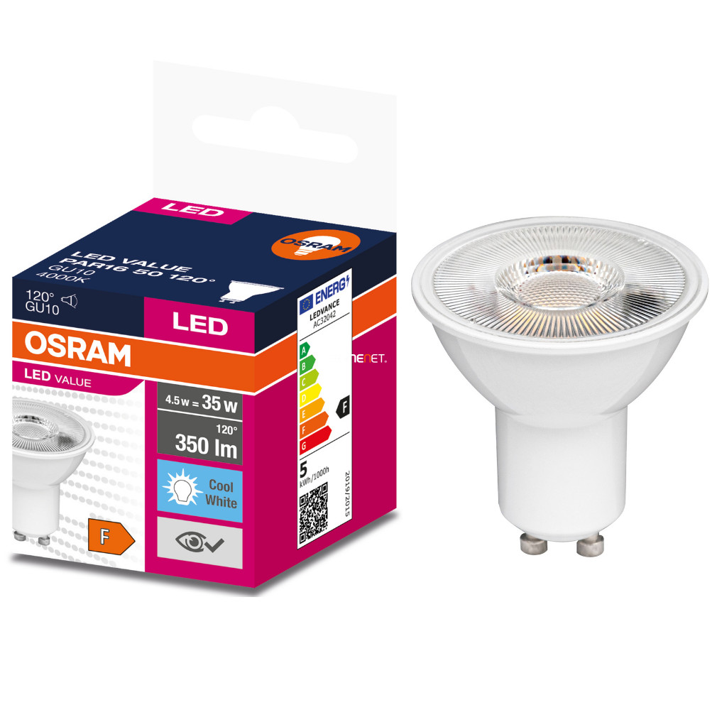 Osram GU10 LED Value 4.5W 350lm 4000K alb rece 120° - înlocuire bec 35W