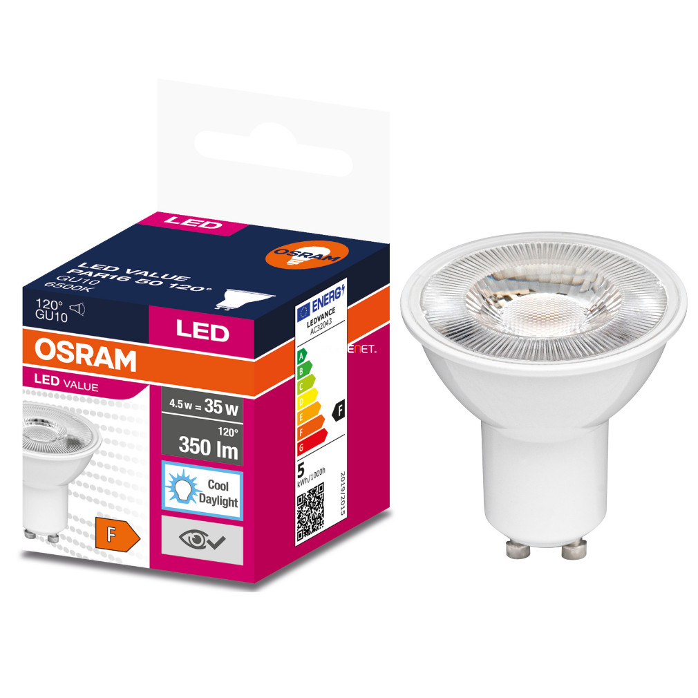 Osram GU10 LED Value 5W 350lm 6500K lumina zilei 120° - înlocuire bec 35W