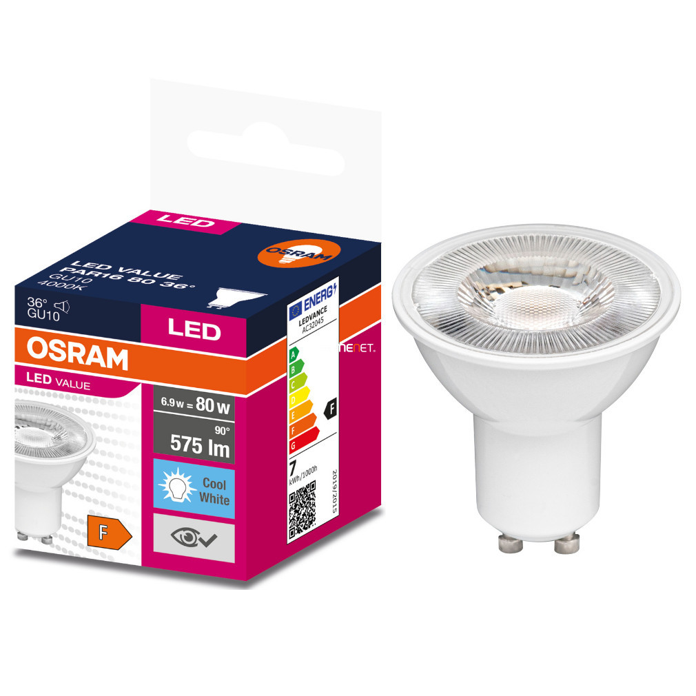 Osram GU10 LED Value 6,9W 575lm 4000K alb rece 36° - înlocuiește becul de 80W