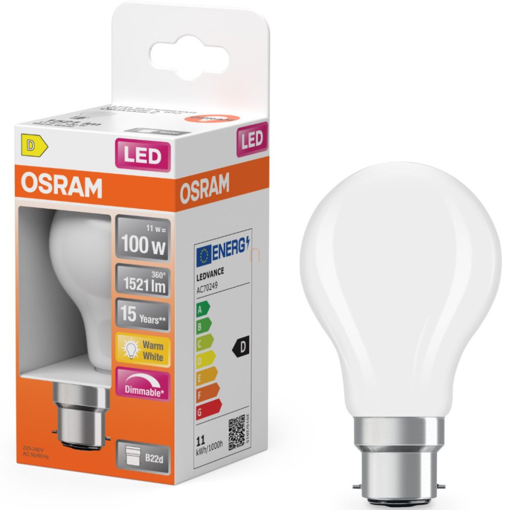 Osram B22d LED 11W, 1521 lm, 2700 K, alb cald, dimabil, sticlă opală - înlocuiește becul de 100 W - Superstar Classic A