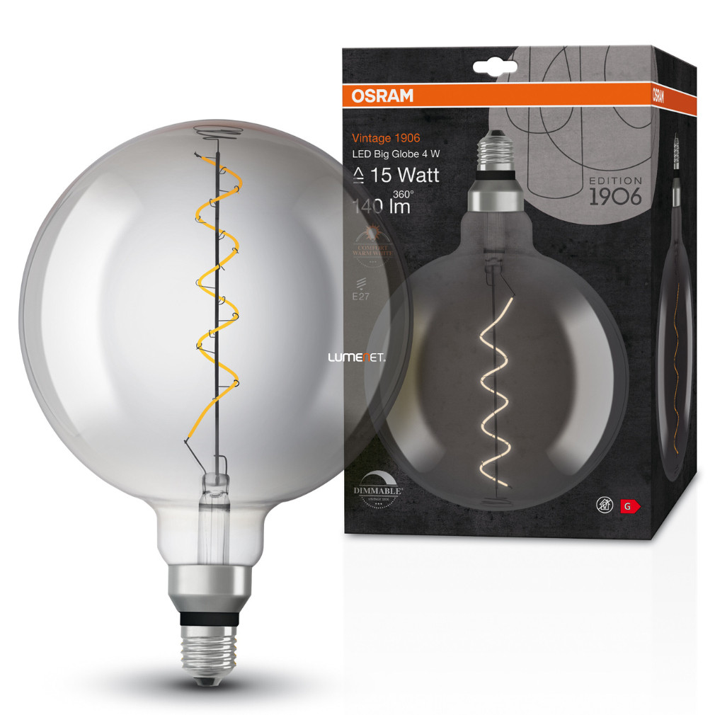 Osram Vintage Big Globe E27 4W 140lm 1800K szabályozható, smoke - 16W izzó helyett