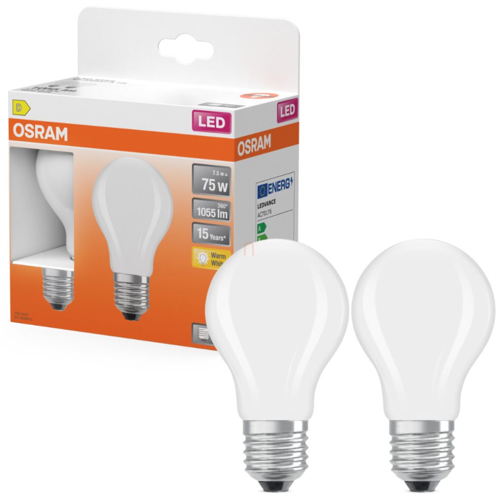 Osram E27 LED 7,5W, 1055 lm, 2700 K, alb cald, sticlă opală - înlocuiește becul normal de 75 W, 2 bucăți - Star Classic A