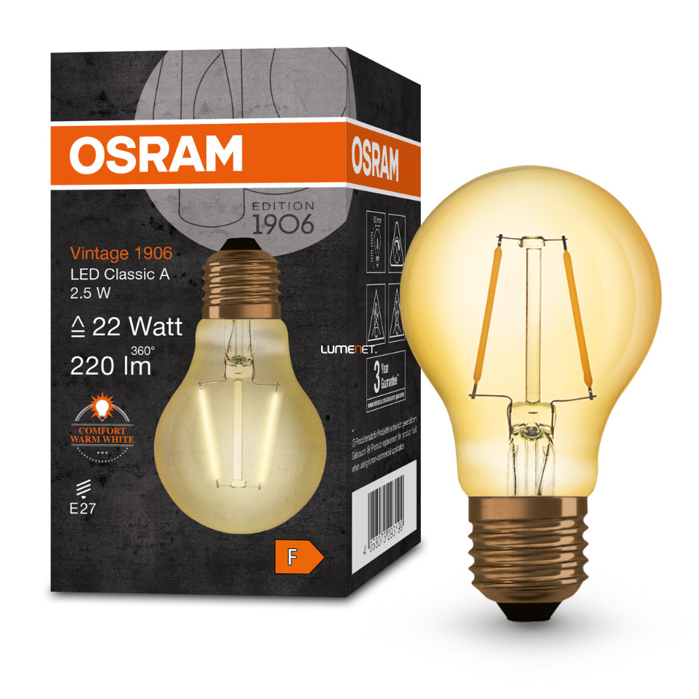 Osram Vintage A E27 2.5W 220lm 2400K , chihlimbar - înlocuiește becul de 22W