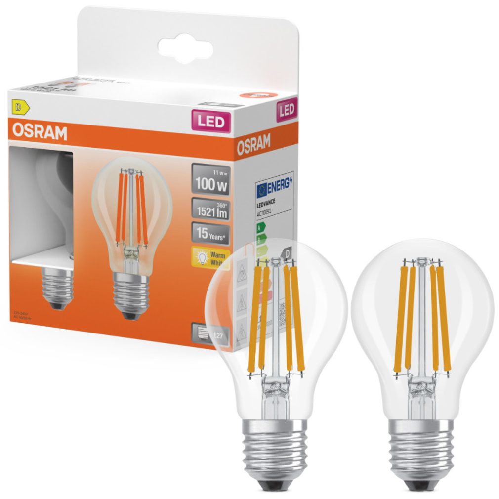 Osram E27 LED 11W, 1521 lm, 2700 K, alb cald, sticlă transparentă - înlocuiește becul normal de 100 W, 2 bucăți - Star Classic A filament