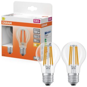   Osram E27 LED 11W, 1521 lm, 2700 K, alb cald, sticlă transparentă - înlocuiește un bec standard de 100 W, 2 bucăți - Star Classic A filament