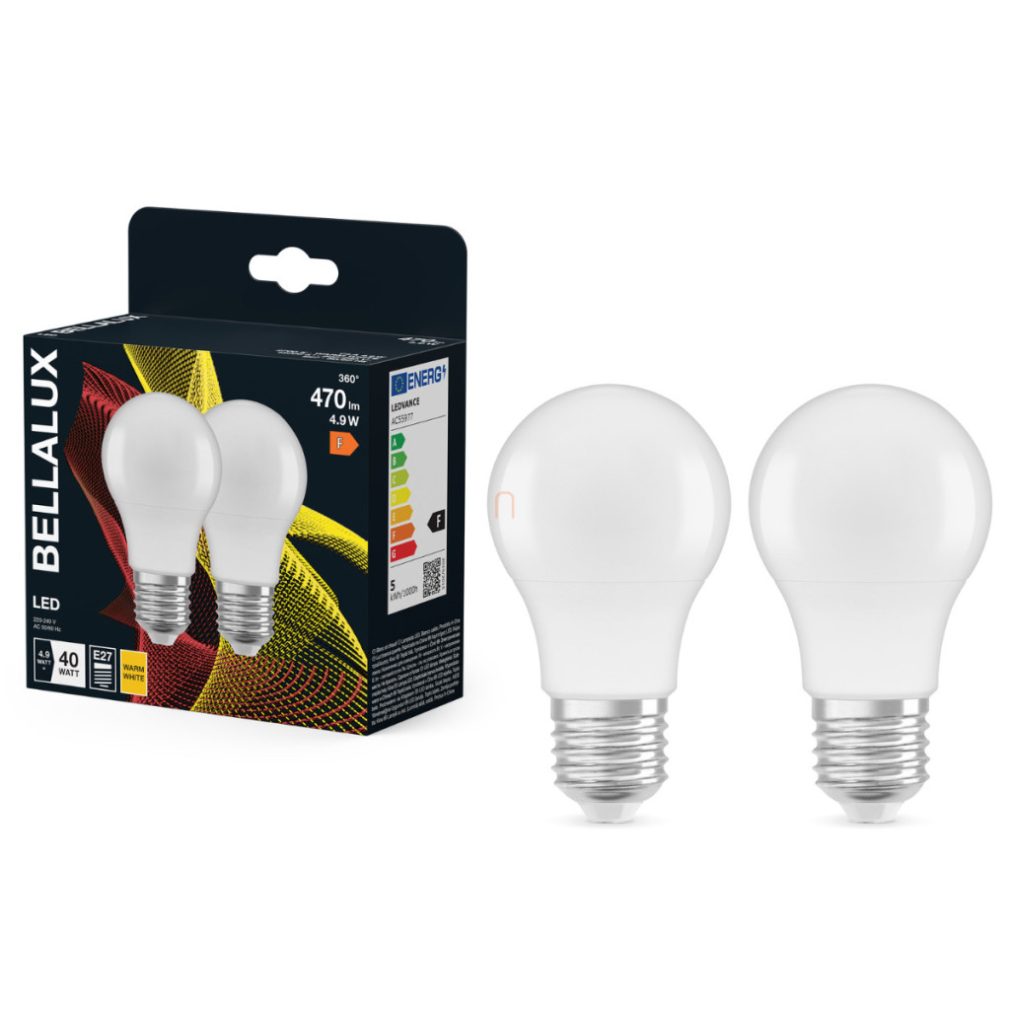 Bellalux E27 LED, 4,9 W, 470 lm, 2700 K, alb cald, plastic opal - înlocuiește becul normal de 40 W, 2 bucăți - Classic A
