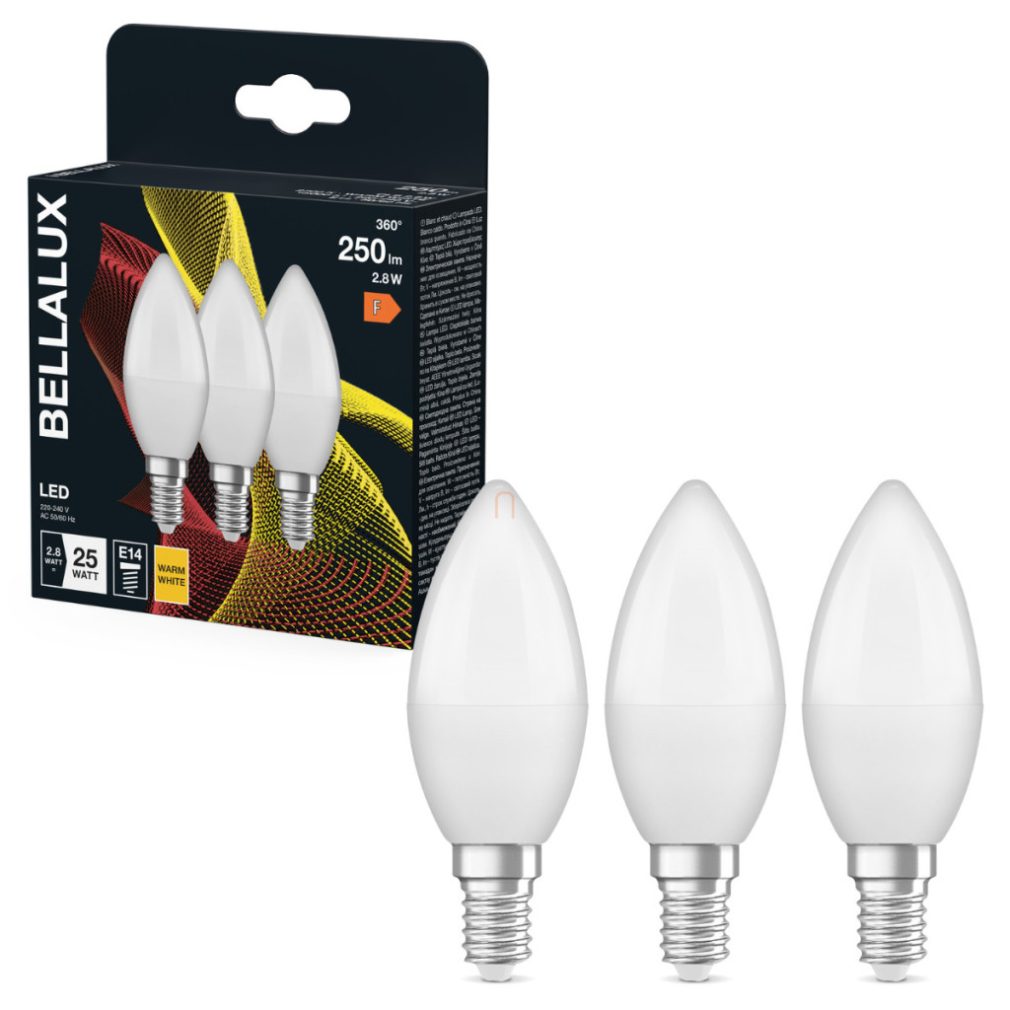 Bellalux E14 LED lumânare, 2,8 W, 250 lm, 2700 K, alb cald, plastic opal - înlocuiește becul de 25 W, 3 bucăți - Classic B