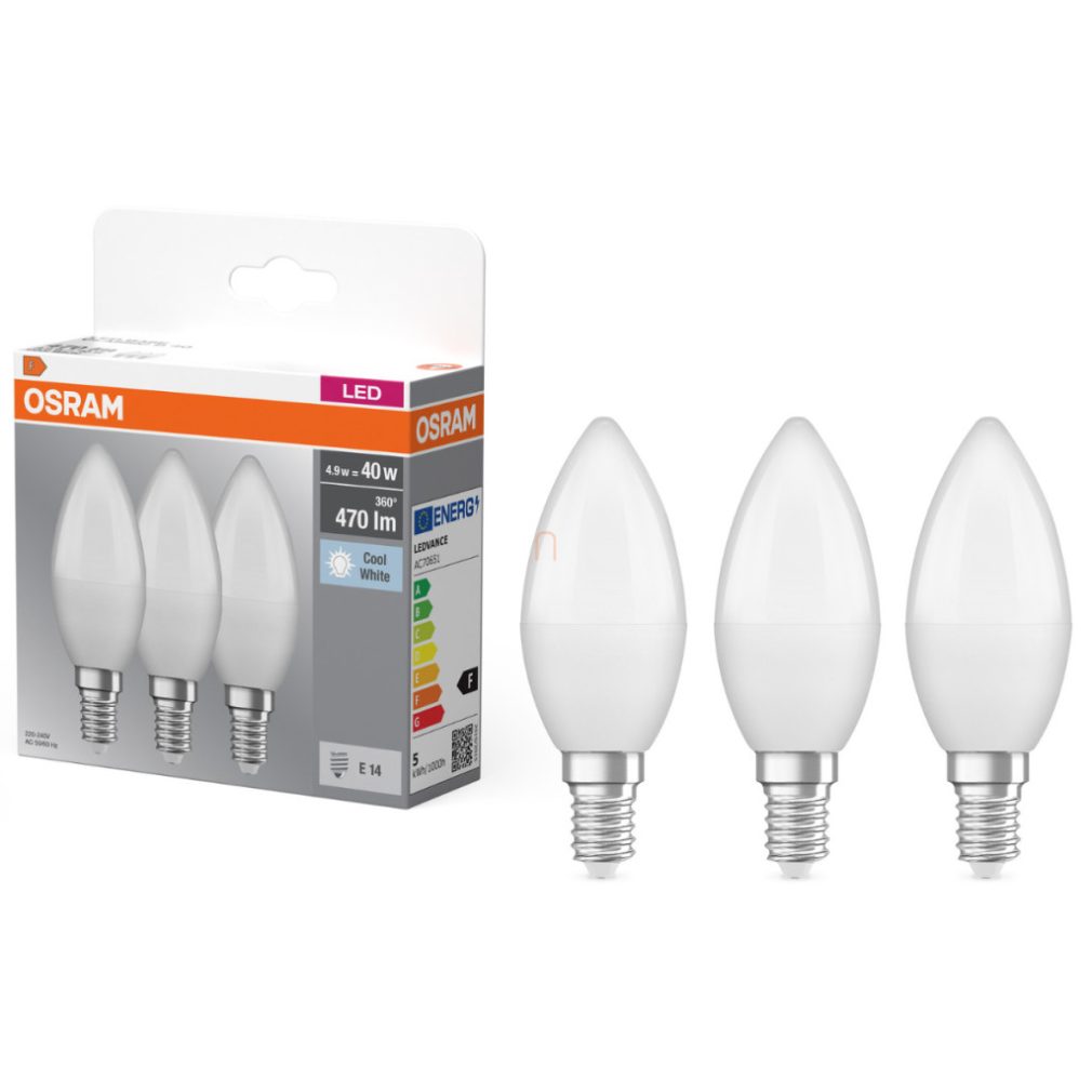 Osram E14 LED bec, 4,9 W, 470 lm, 4000 K, alb rece, plastic opal - înlocuiește becul de 40 W, 3 bucăți - Base Classic B