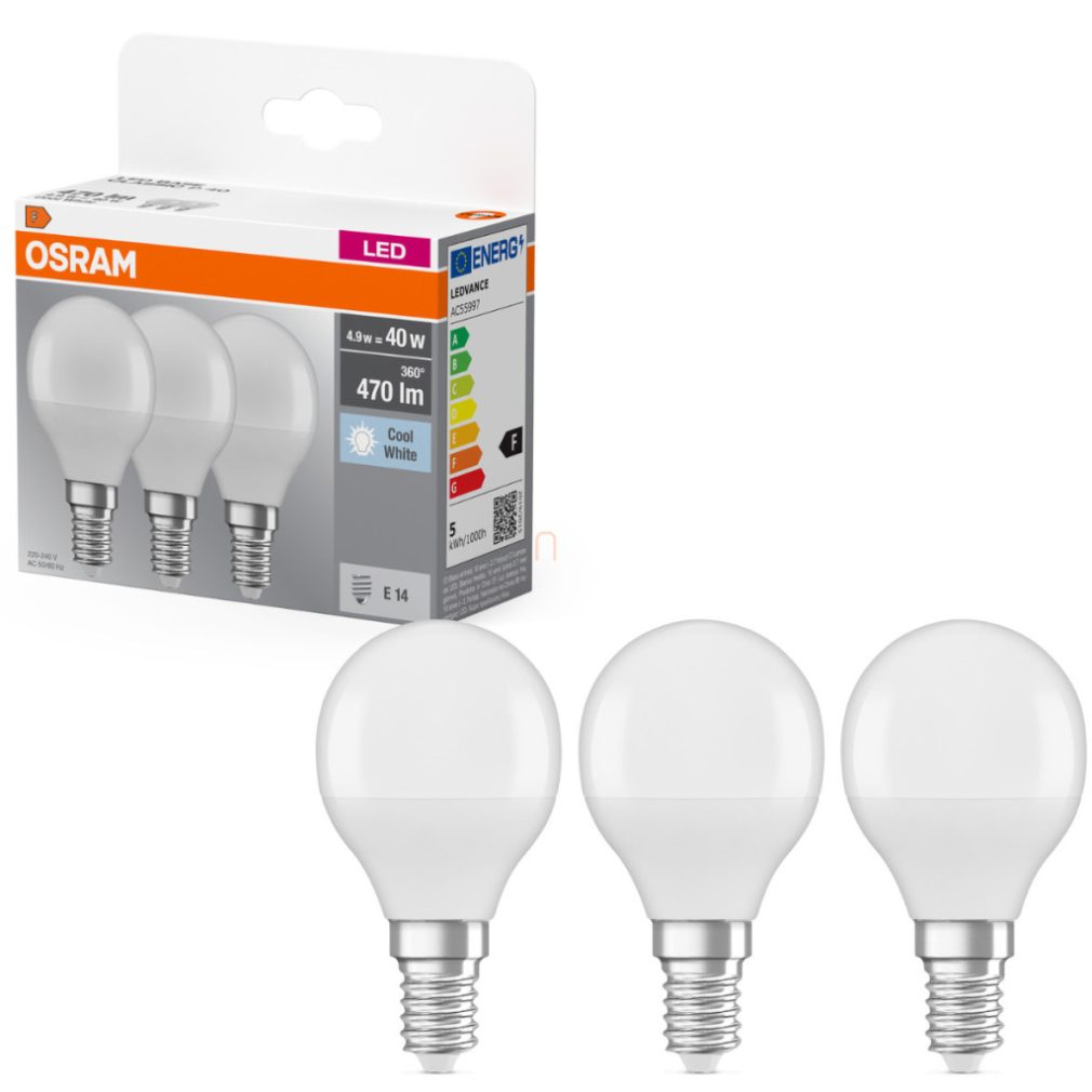 Osram E14 LED bulb, 4,9W, 470 lm, 4000 K, alb rece, plastic opal - înlocuiește becul de 40 W, 3 bucăți - Base Classic P