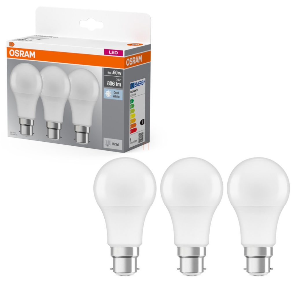 Osram B22d LED 8W, 806 lm, 4000 K, alb rece, plastic opal - înlocuiește becul de 60 W, 3 bucăți - Base Classic A