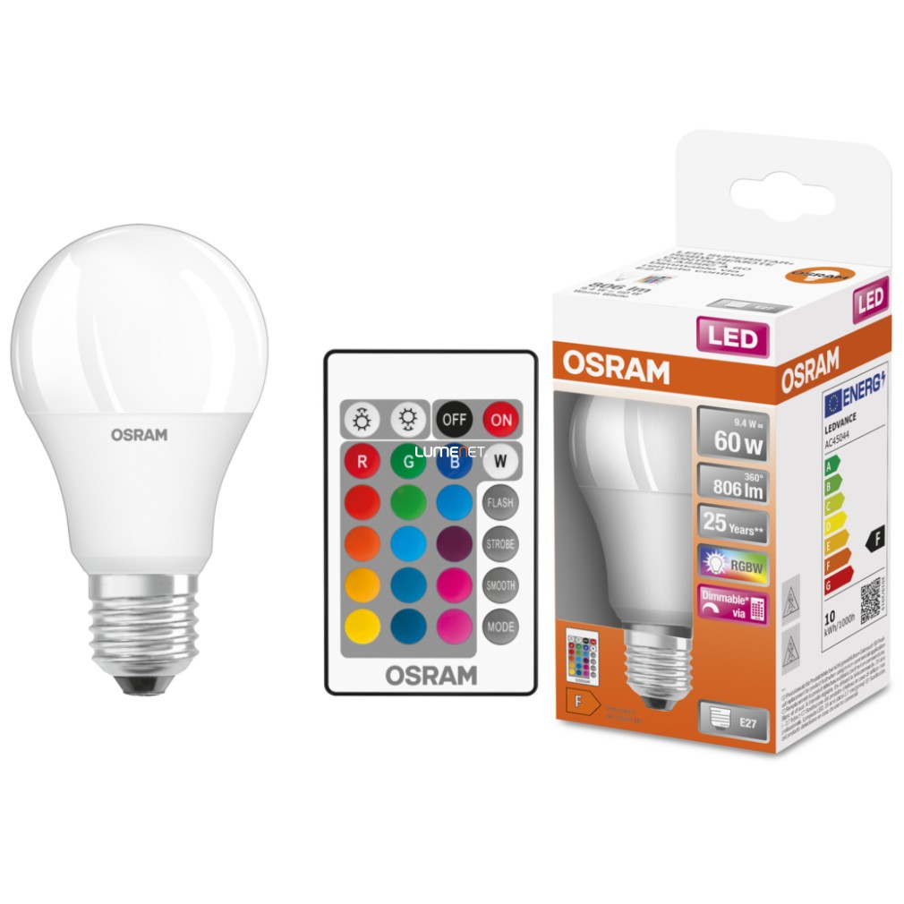 Osram E27 RGBW LED Star+ 9,7W 806lm 2700K alb cald 200° - înlocuire bec 60W cu telecomandă